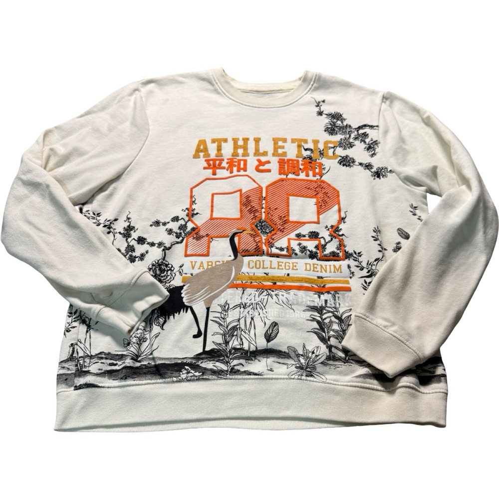 Blind Rooster Sweatshirt Mens Large Cream Good Varsity Japanese Crane Graphic